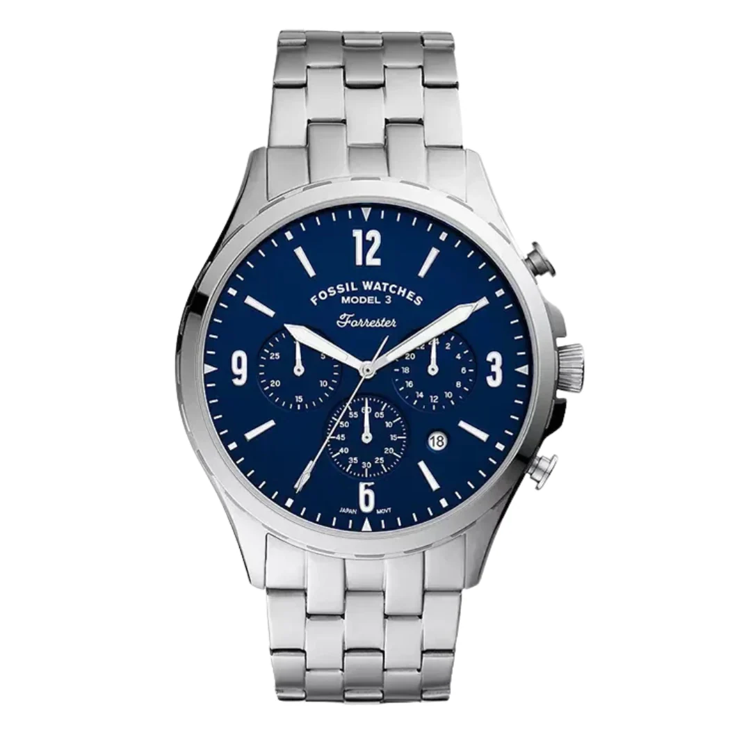 Fossil Forrester Silver Stainless Steel Blue Dial Chronograph Quartz Watch for Gents - FS5605