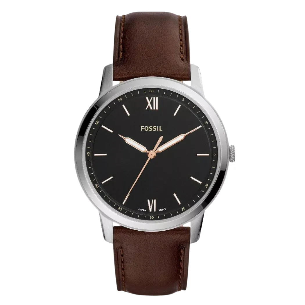 Fossil Minimalist Brown Leather Strap Black Dial Quartz Watch for Gents - FS5464