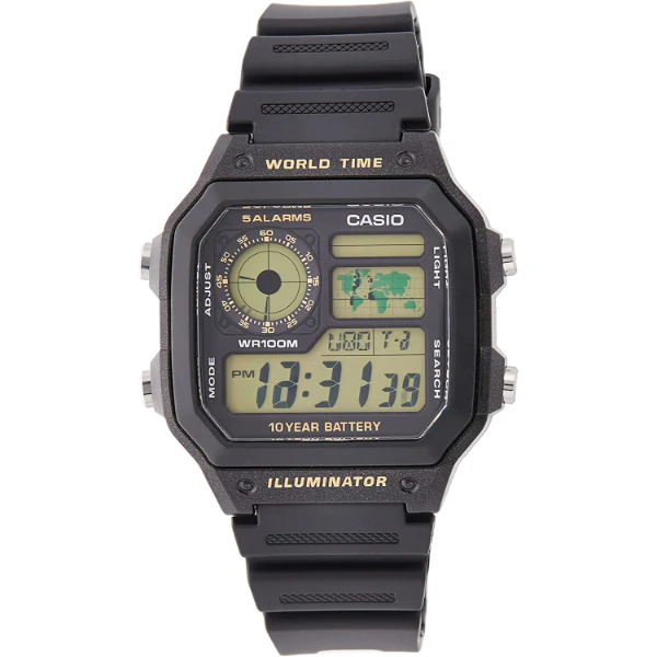 Casio Illuminator Black Leather Strap Green Dial Quartz Watch for Gents - AE-1200WHB-1BVDF