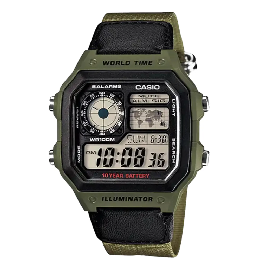 Casio Illuminator Green NATO Strap Black Dial Quartz Watch for Gents - AE-1200WHB-3BVDF
