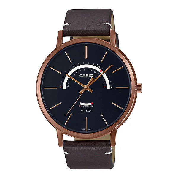 Casio Brown Leather Strap Black Dial Quartz Watch for Gents - MTP-B105RL-1AVDF