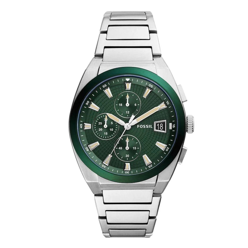Fossil Everett Silver Stainless Steel Green Dial Chronograph Quartz Watch for Gents - FS5964