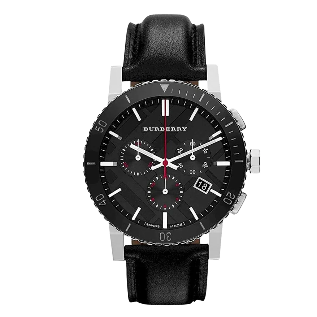 Burberry Black Leather Strap Black Dial Chronograph Quartz Watch for Gents - BU9382