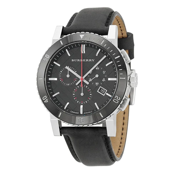 Burberry Black Leather Strap Black Dial Chronograph Quartz Watch for Gents - BU9382 - Image 2