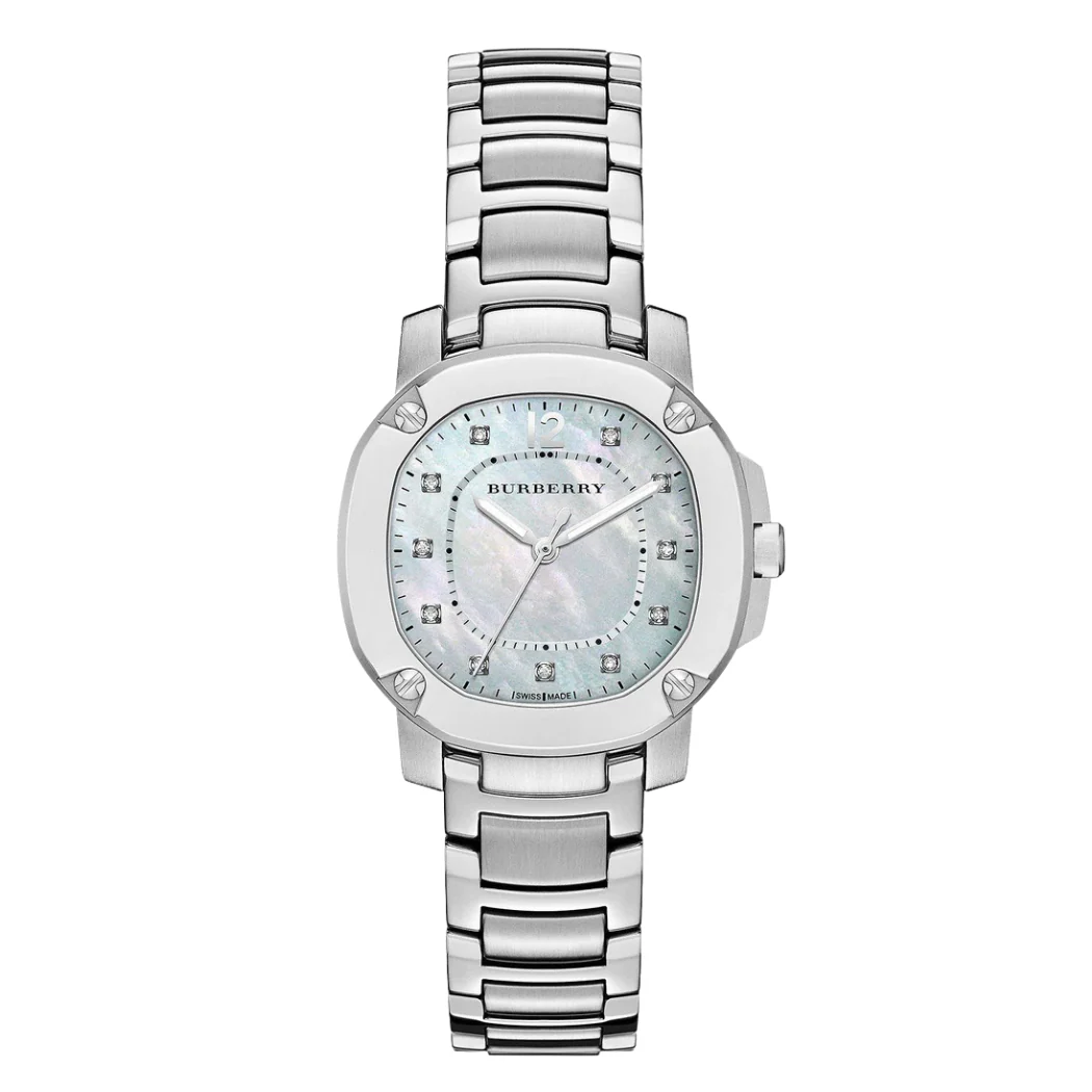 Burberry Britain Silver Stainless Steel Mother Of Pearl Dial Quartz Watch for Ladies - BBY 1804
