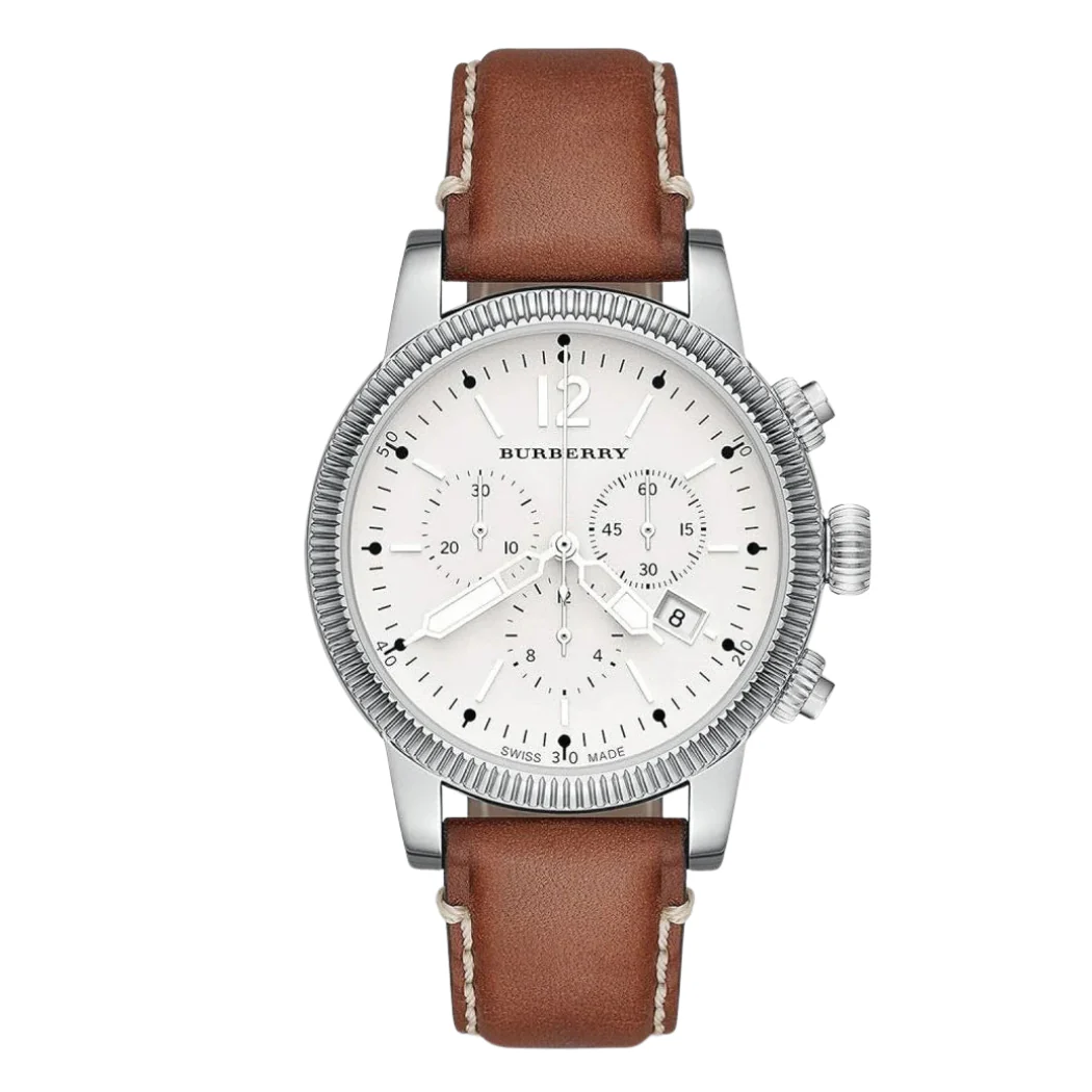 Burberry Brown Leather Strap White Dial Chronograph Quartz Watch for Gents - BURBERRY 7817