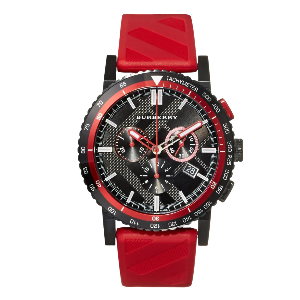 Burberry Red Silicone Strap Black Dial Chronograph Quartz Watch for Gents - BU9805