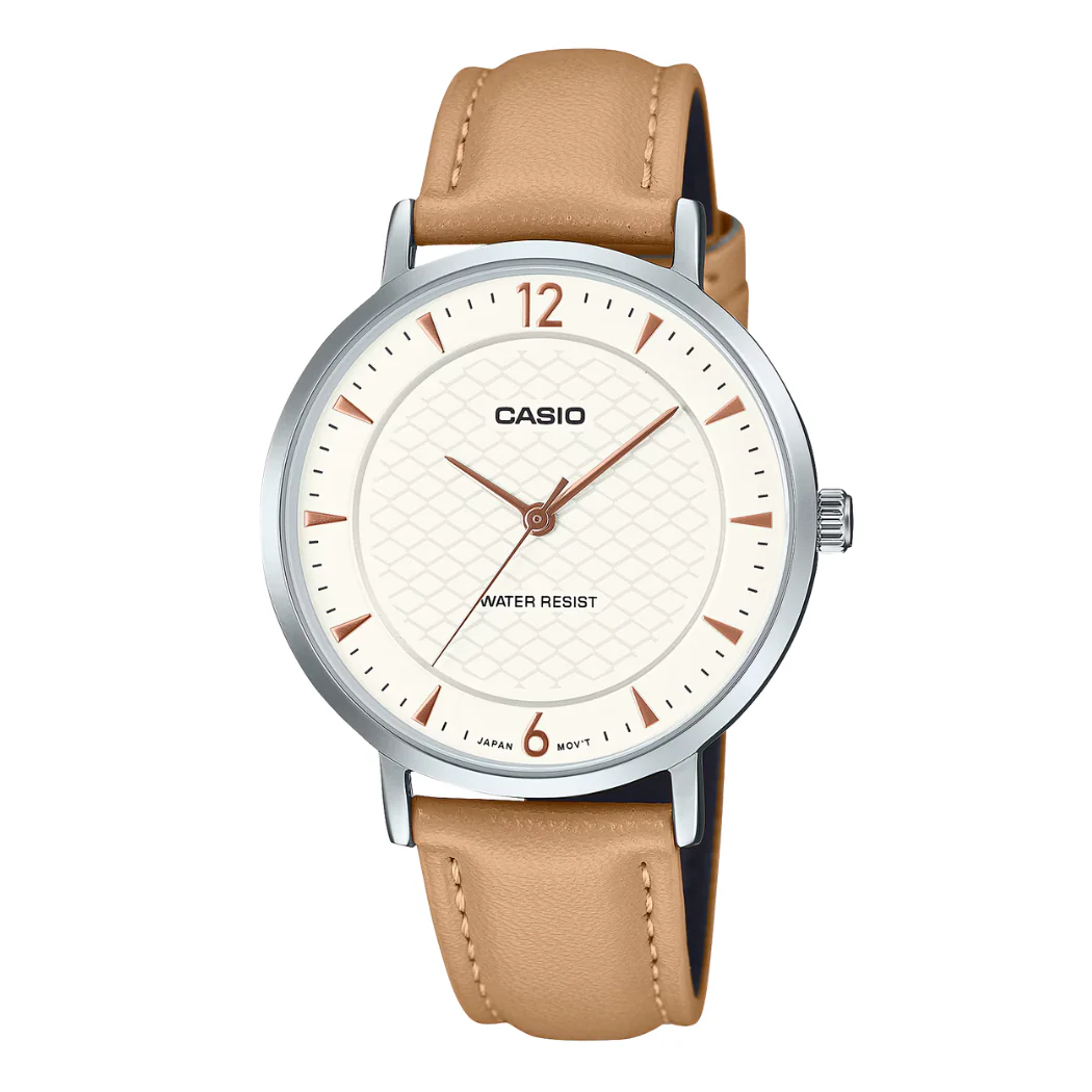 Casio Beige, Silver Leather Strap White Dial Quartz Watch for Ladies - CASIO LTP-VT04L-7A1DF