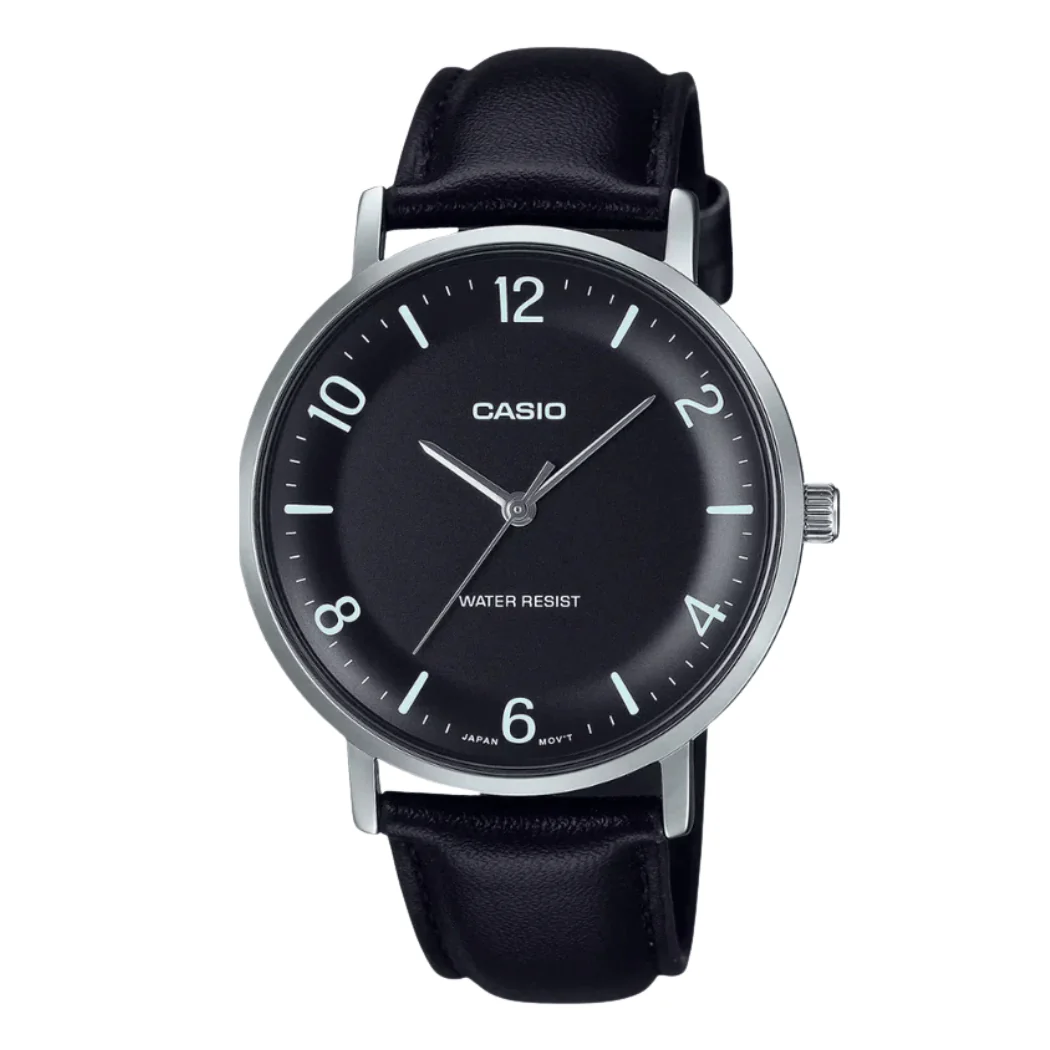 Casio Black Leather Strap Black Dial Analog Quartz Watch for Men – MTP-VT03L-1BDF
