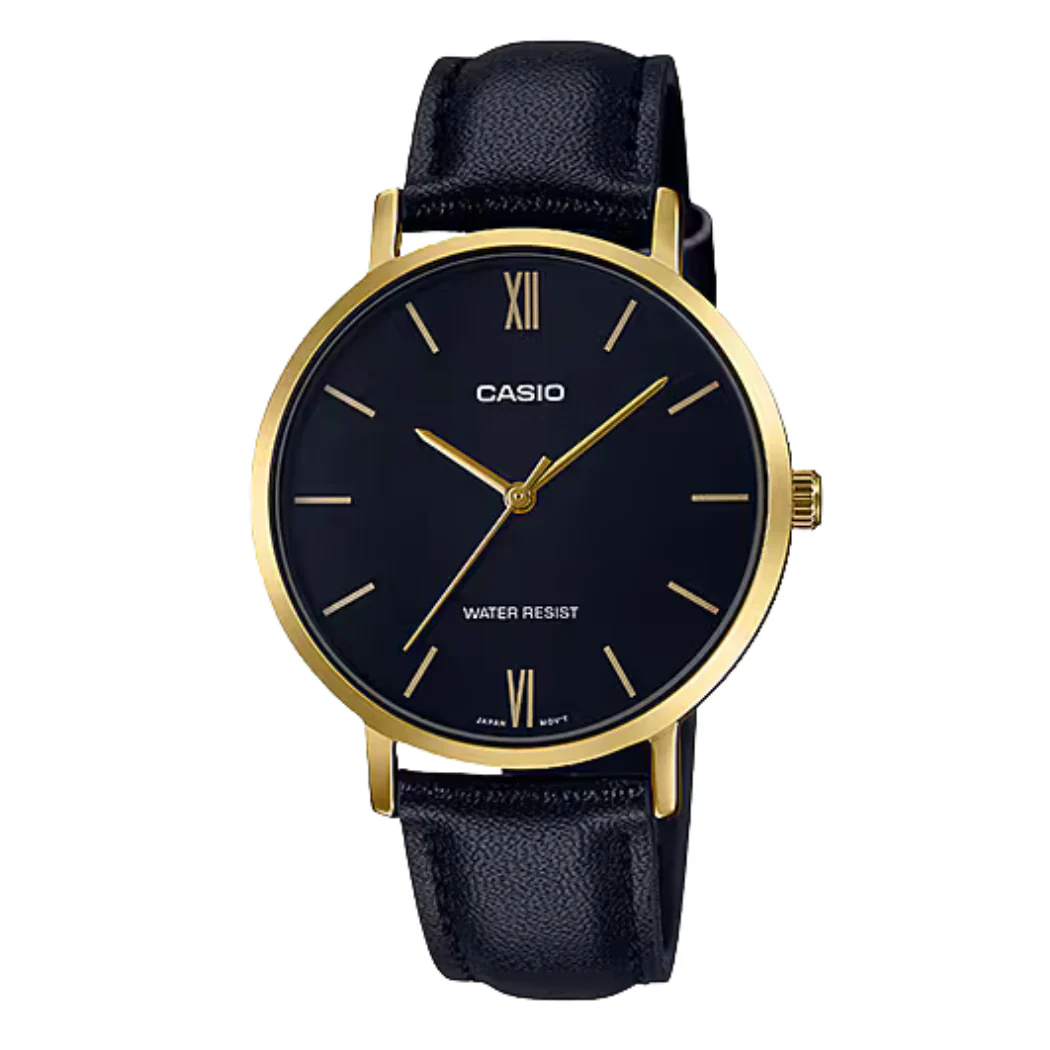 Casio Black Leather Strap Black Dial Quartz Watch for Ladies - LTP-VT01GL-1BUDF