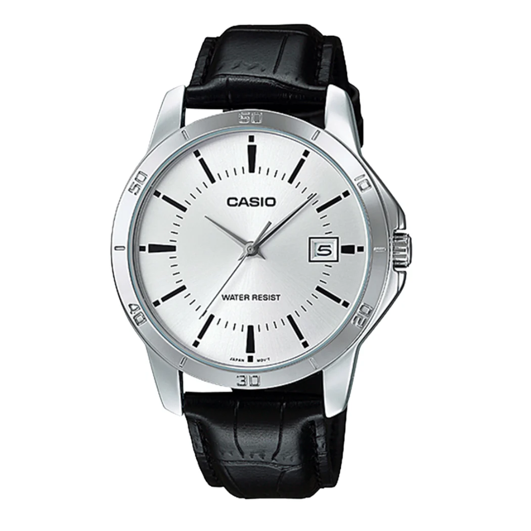 Casio Black Leather Strap Silver Dial Quartz Watch for Gents - MTP-V004L-7AUDF