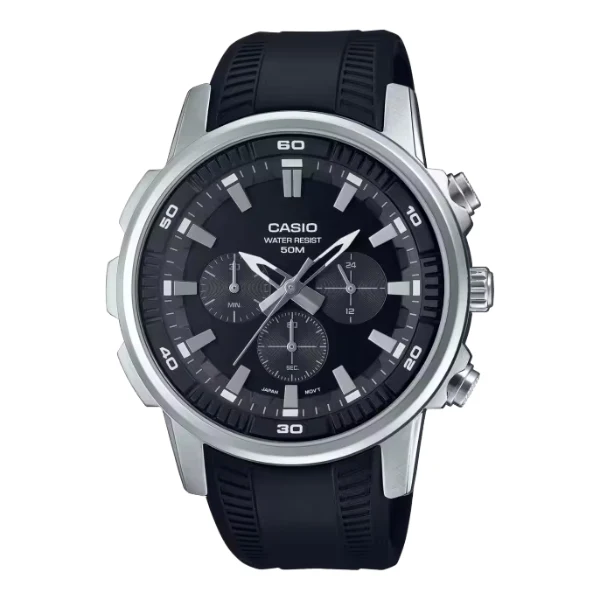 Casio Black Silicone Strap Strap Black Dial Chronograph Quartz Watch for Gents - Casio MTP-E505-1AVDF AG