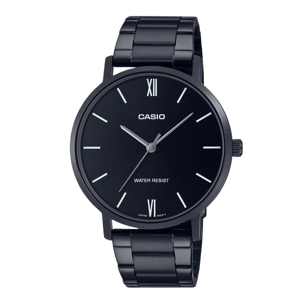 Casio Black Stainless Steel Black Dial Quartz Watch for Gents - MTP-VT01B-1BUDF