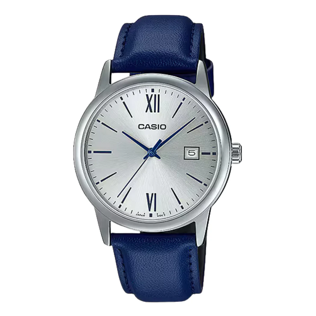 Casio Blue Leather Strap Silver Dial Quartz Watch for Gents - MTP-V002L-2B3UDF