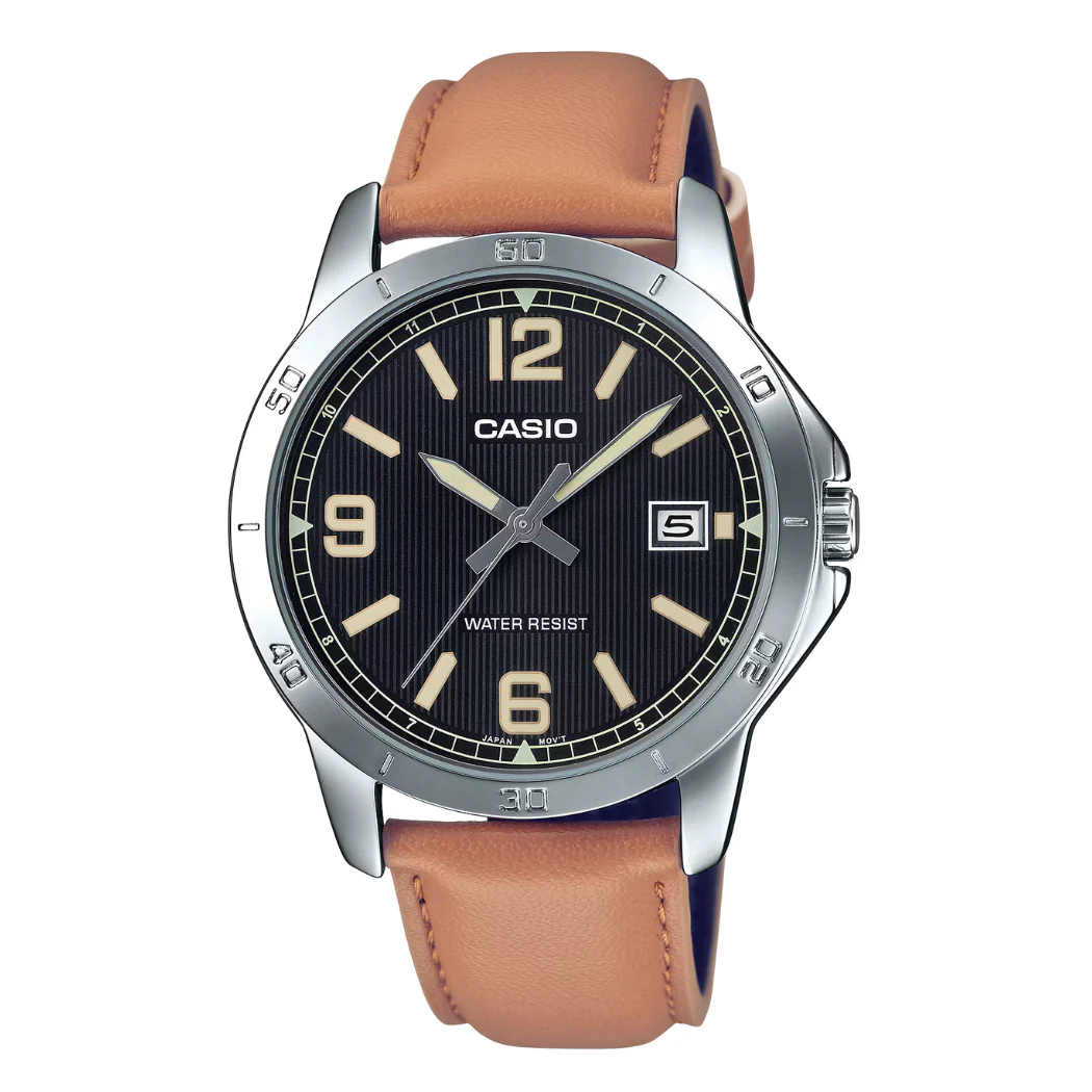 Casio Brown Leather Strap Black Dial Quartz Watch for Gents - Casio MTP-V004L-1B2UDF AG