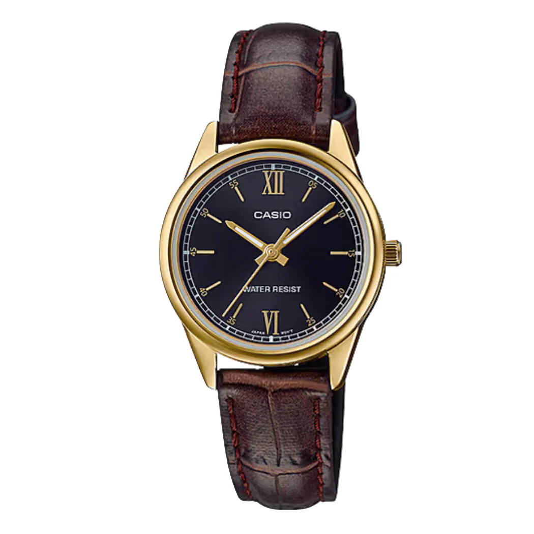 Casio Brown Leather Strap Black Dial Quartz Watch for Ladies - LTP-V005GL-1B2UDF