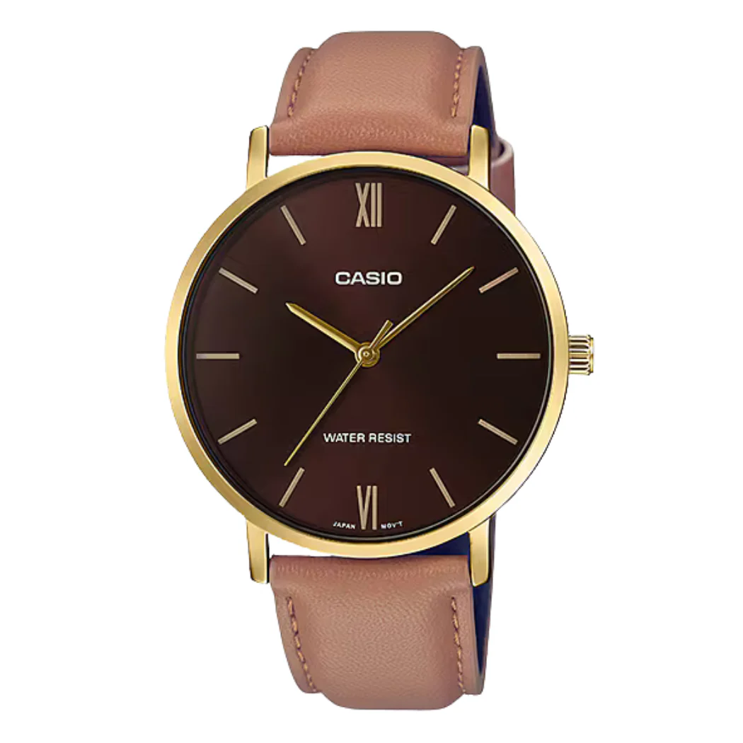 Casio Brown Leather Strap Brown Dial Quartz Watch for Gents - CASIO MTP-VT01GL-5BUDF