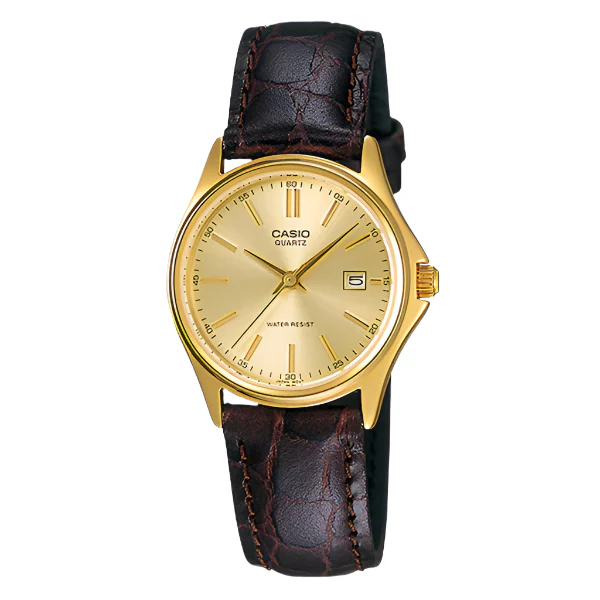 Casio Brown Leather Strap Gold Dial Quartz Watch for Ladies - LTP-1183Q-9ADF