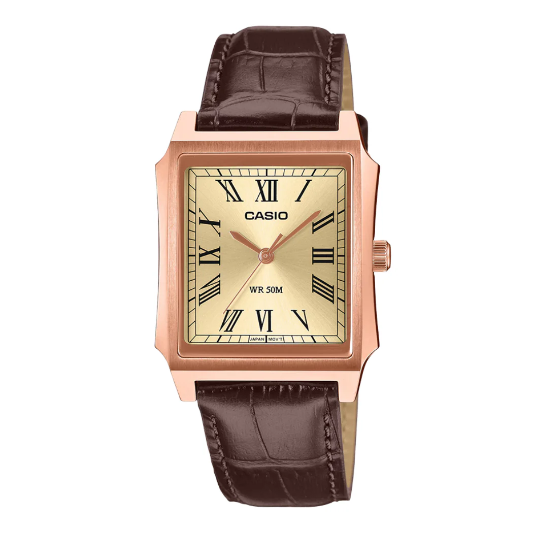 Casio Brown Leather Strap Gold Dial Quartz Watch for Gents - MTP-B190RHL-9BVDF