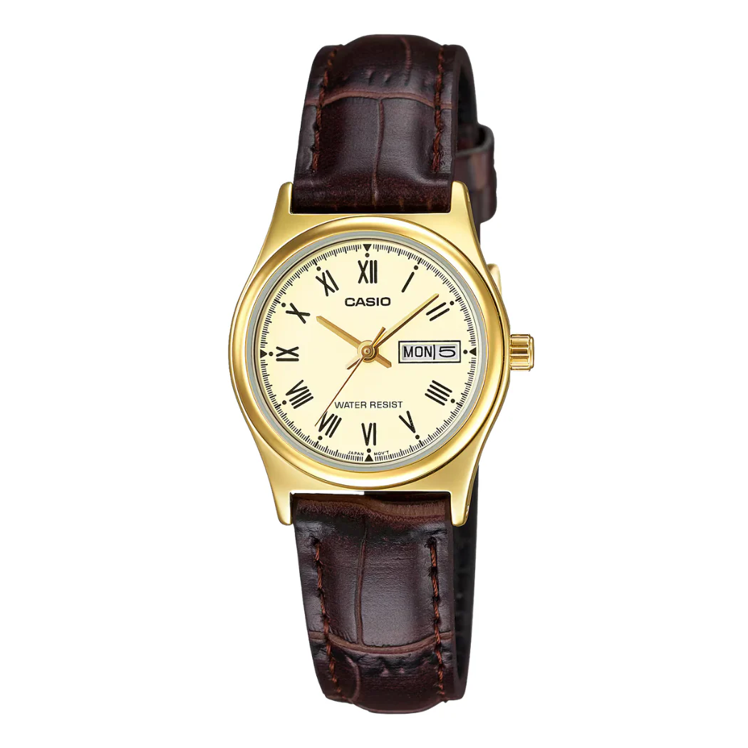 Casio Brown Leather Strap Gold Dial Quartz Watch for Ladies - CASIO LTP-V006GL-9BUDF