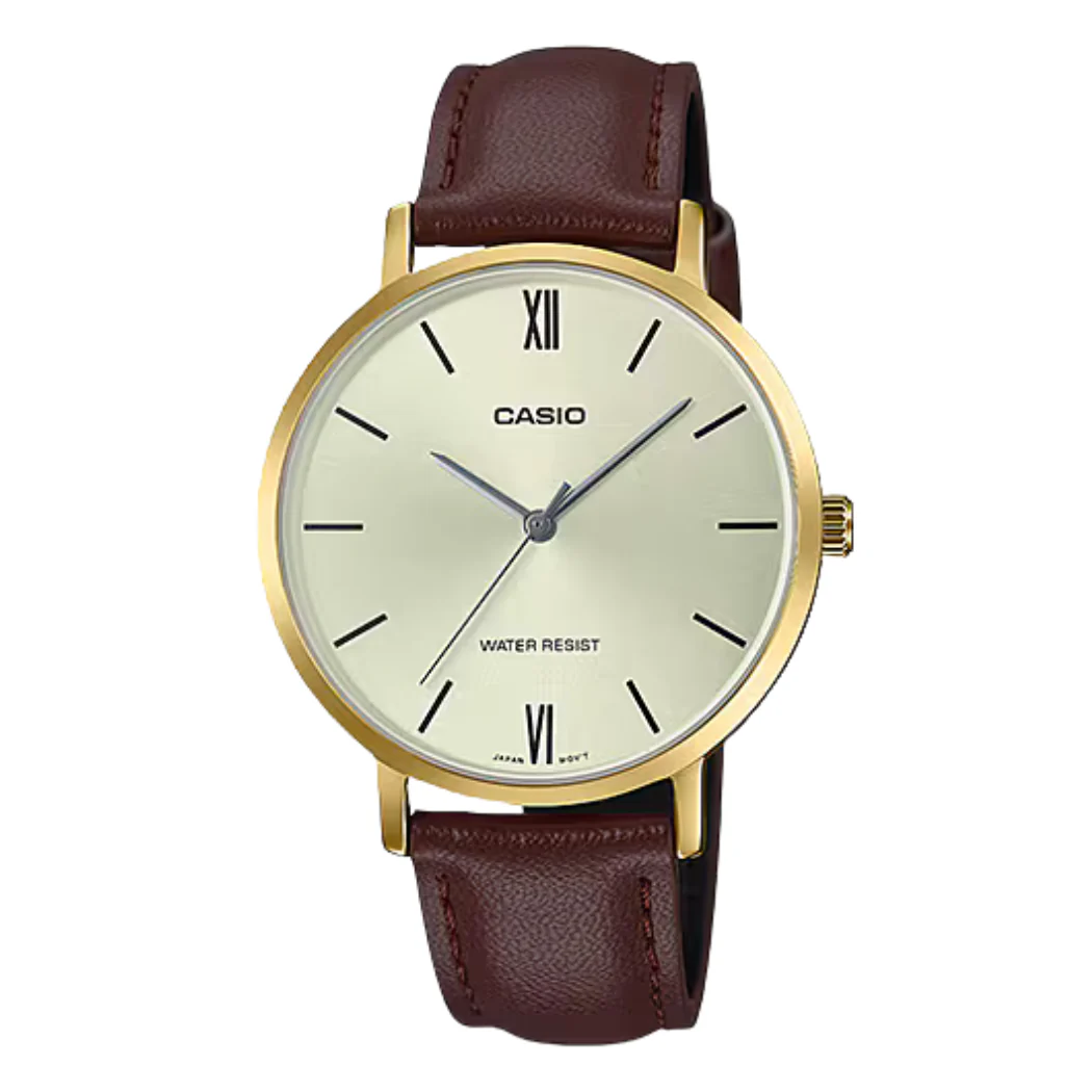 Casio Brown Leather Strap Gold Dial Quartz Watch for Ladies - CASIO LTP-VT01GL-9BUDF