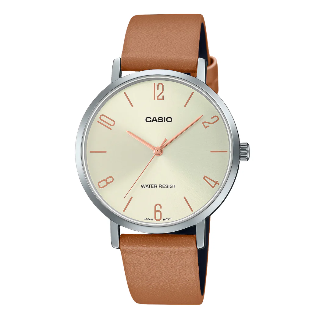 Casio Brown Leather Strap Gold Dial Quartz Watch for Ladies - CASIO LTP-VT01L-5BUDF
