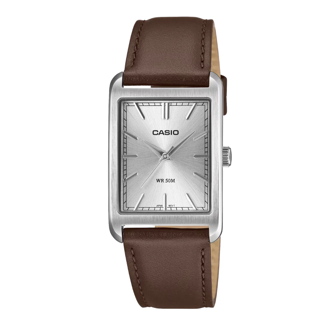 Casio Brown Leather Strap Silver Dial Quartz Watch for Gents - MTP-B215L-7AVDF