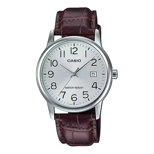 Casio Brown Leather Strap Silver Dial Quartz Watch for Gents - MTP-V002L-7B2UDF