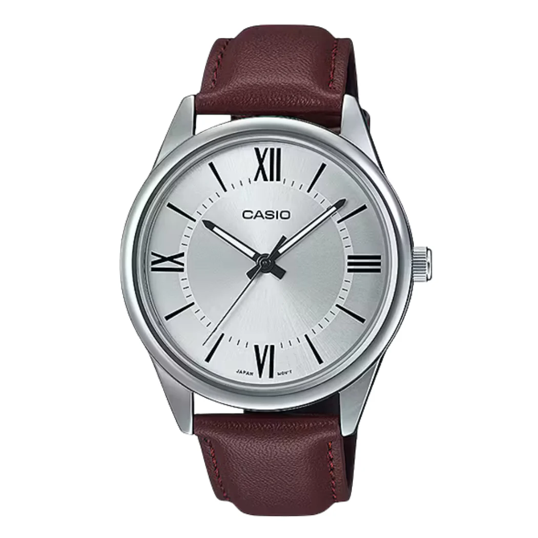 Casio Brown Leather Strap Silver Dial Quartz Watch for Gents - MTP-V005L-7B5UDF