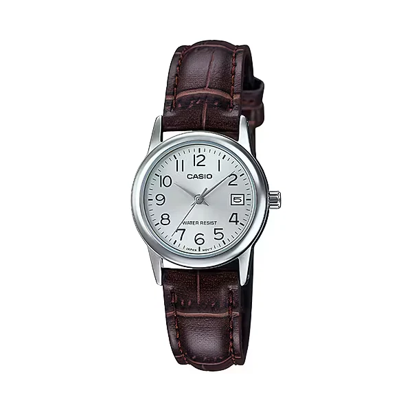 Casio Brown Leather Strap Silver Dial Quartz Watch for Ladies - LTP-V002L-7B2UDF
