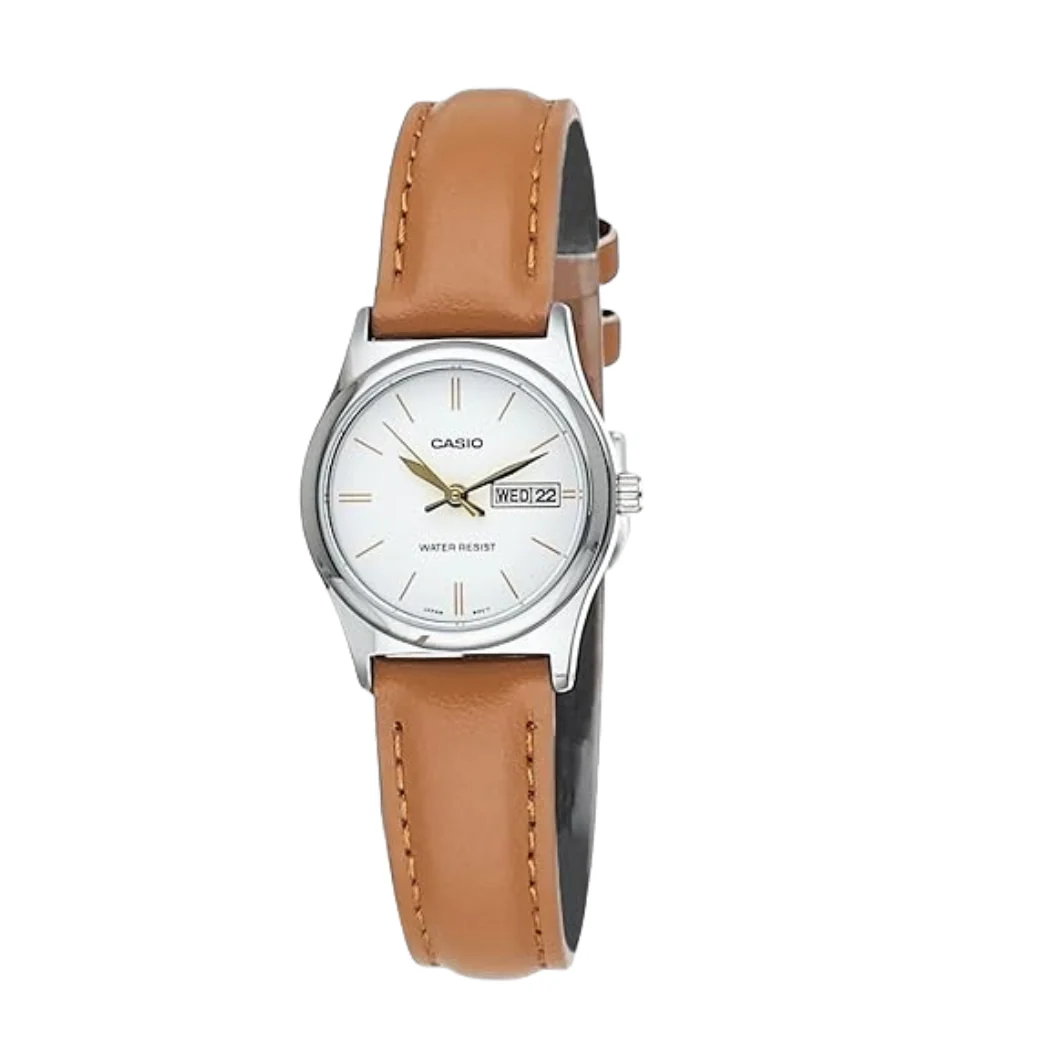 Casio Brown Leather Strap White Dial Analog Quartz Watch for Women – LTP-V006L-7B2UDF
