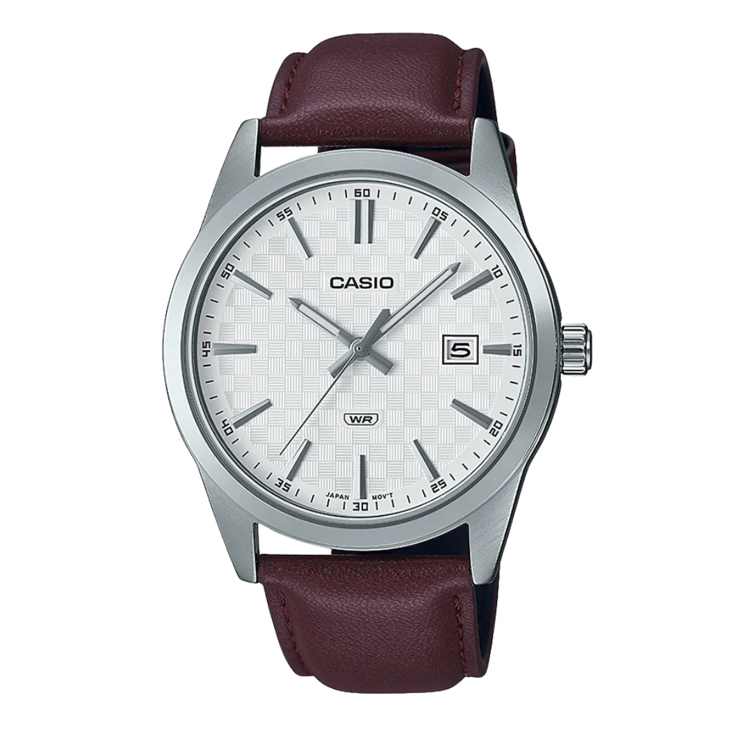 Casio Brown Leather Strap White Dial Quartz Watch for Gents - CASIO-MTP-VD03L-5AUDF