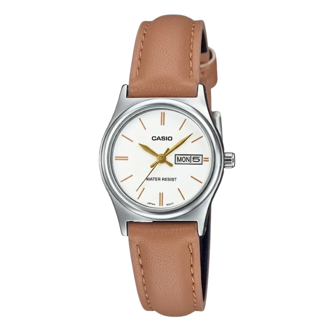 Casio Brown Leather Strap White Dial Quartz Watch for Ladies - LTP-V006L-7B2UDF(AG)