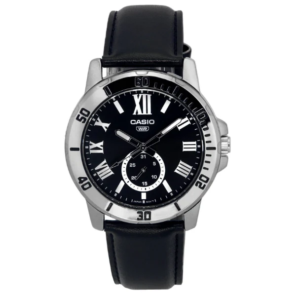 Casio Enticer Black Leather Strap Black Dial Quartz Watch for Gents - MTP-VD200L-1BUDF