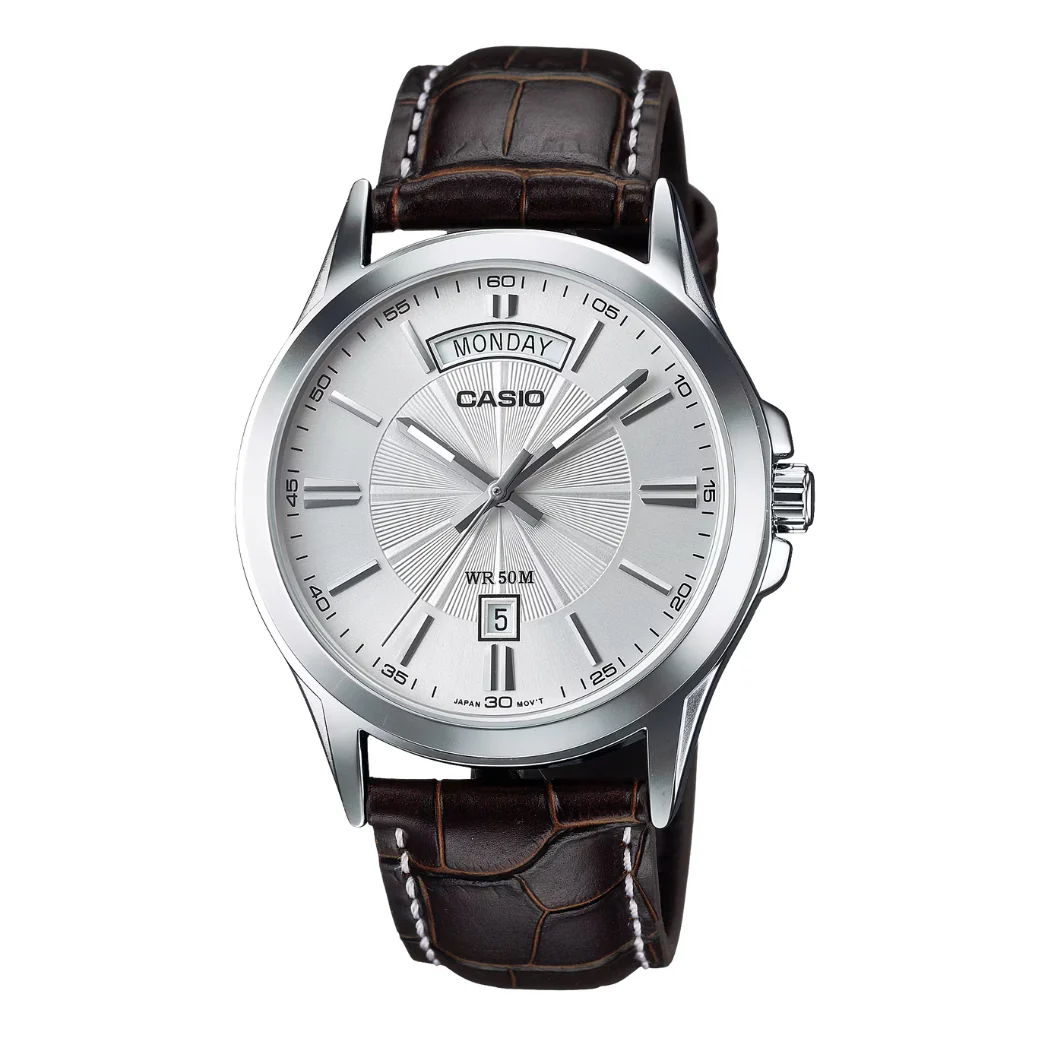 Casio Enticer Brown Leather Strap Silver Dial Quartz Watch for Gents - MTP-1381L-7AVDF