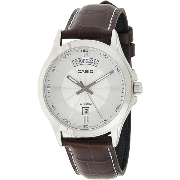 Casio Enticer Brown Leather Strap Silver Dial Quartz Watch for Gents - MTP-1381L-7AVDF - Image 2