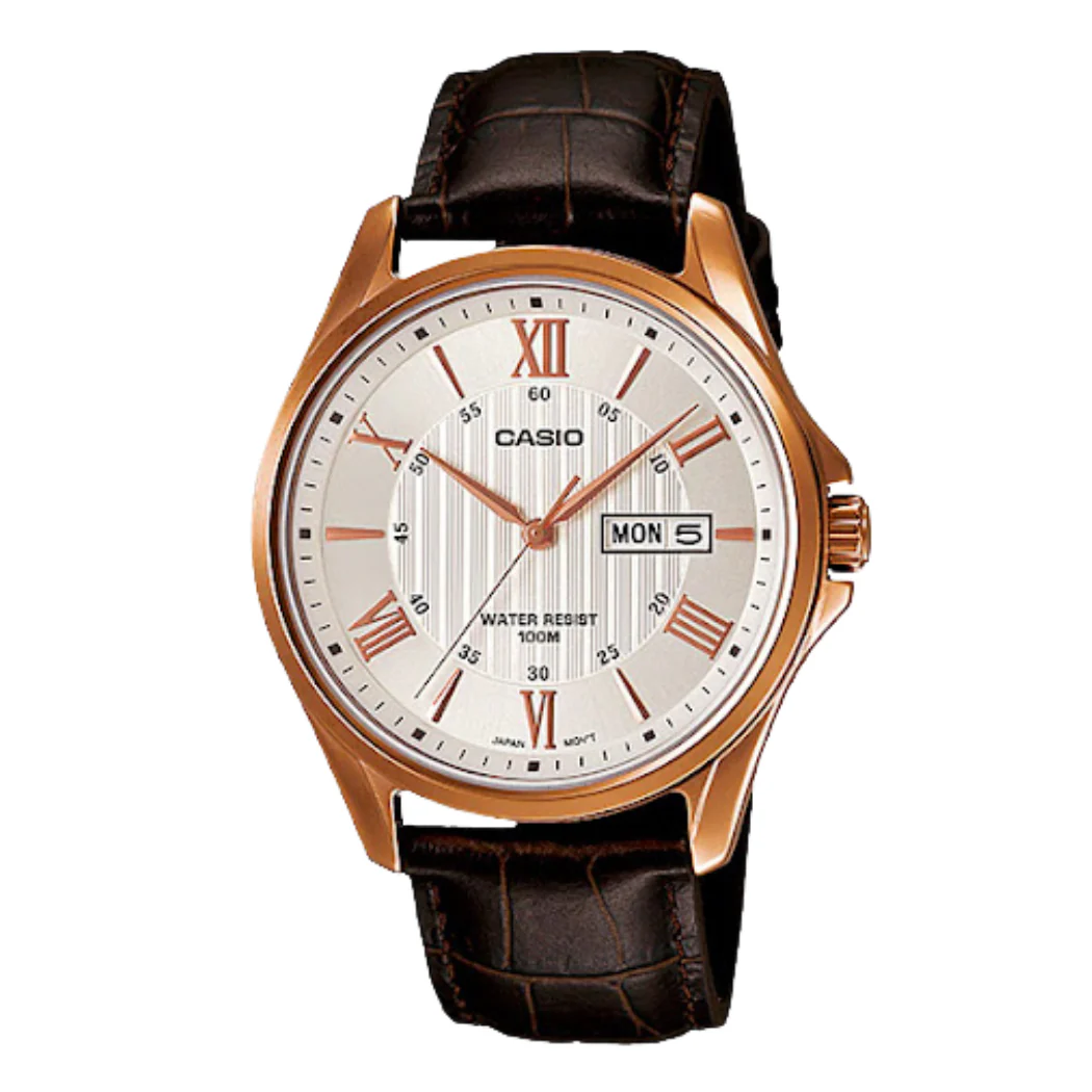 Casio Enticer Brown Leather Strap Silver Dial Quartz Watch for Gents - MTP-1384L-7AVDF