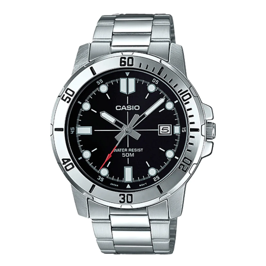 Casio Enticer Silver Stainless Steel Black Dial Quartz Watch for Gents - MTP-VD01D-1EVUDF