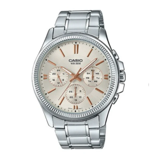 Casio Enticer Silver Stainless Steel Champagne Dial Chronograph Quartz Watch for Gents - MTP-1375D-72A2VDF