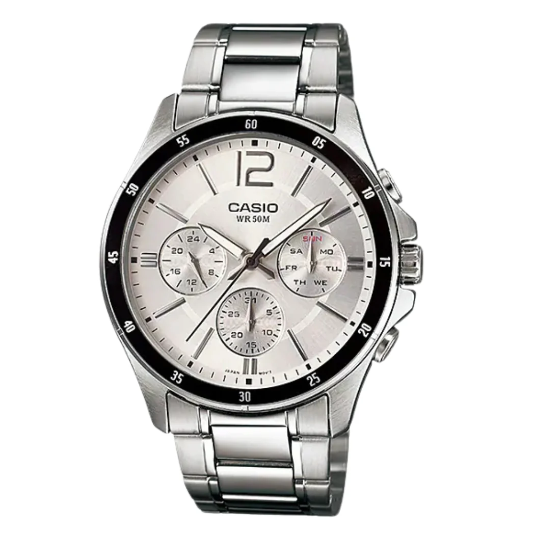 Casio General Silver Stainless Steel Silver Dial Chronograph Quartz Watch for Gents - MTP-1374D-7AVDF