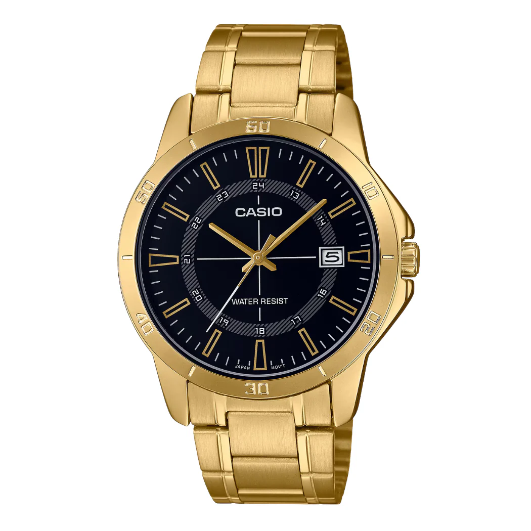 Casio Gold Stainless Steel Black Dial Quartz Watch for Gents - CASIO MTP-V004G-1CUDF