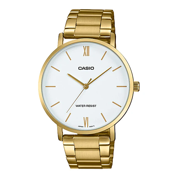 Casio Gold Stainless Steel White Dial Quartz Watch for Gents - MTP-VT01G-7BUDF