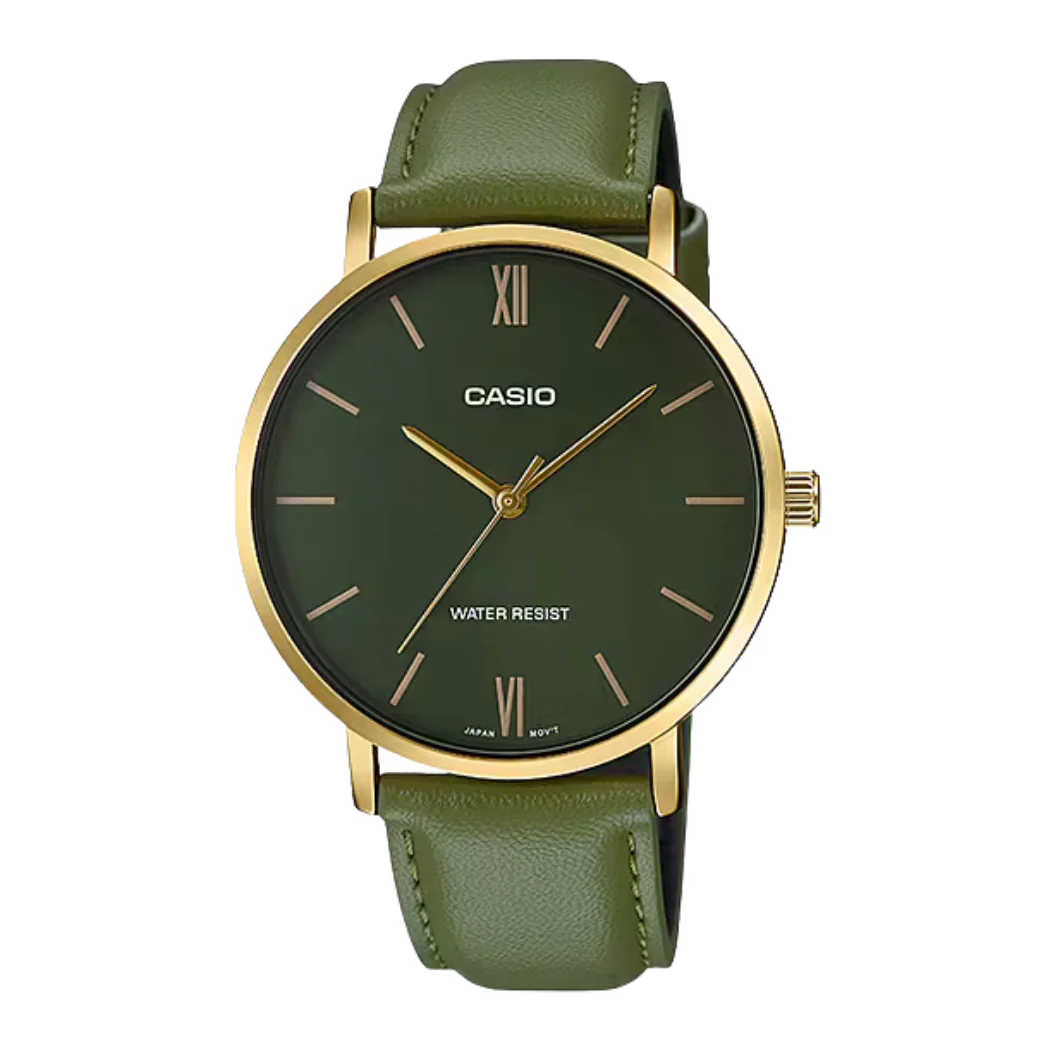 Casio Green Leather Strap Green Dial Quartz Watch for Gents - CASIO MTP-VTO1GL-3BUDF