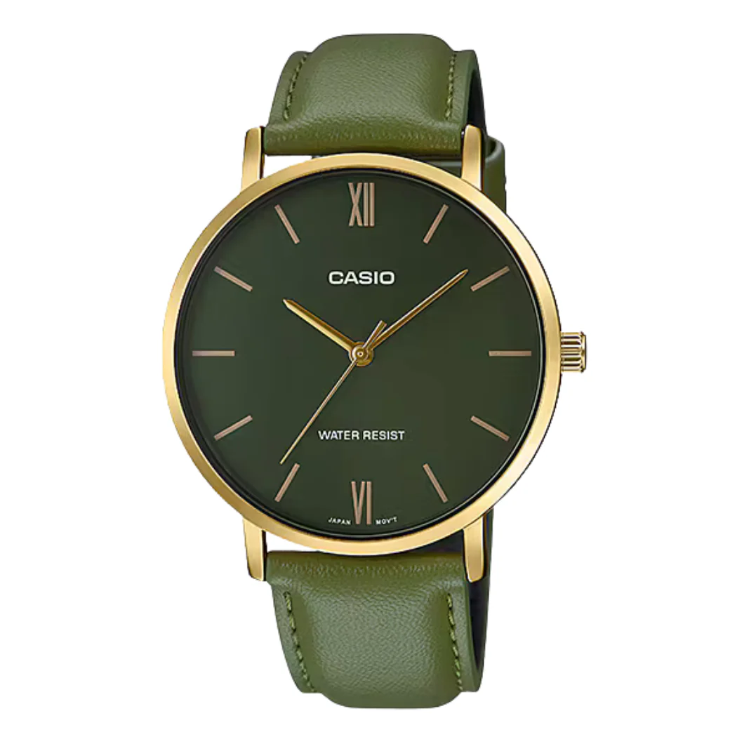 Casio Green Leather Strap Green Dial Quartz Watch for Gents - MTP-VT01GL-3BUDF