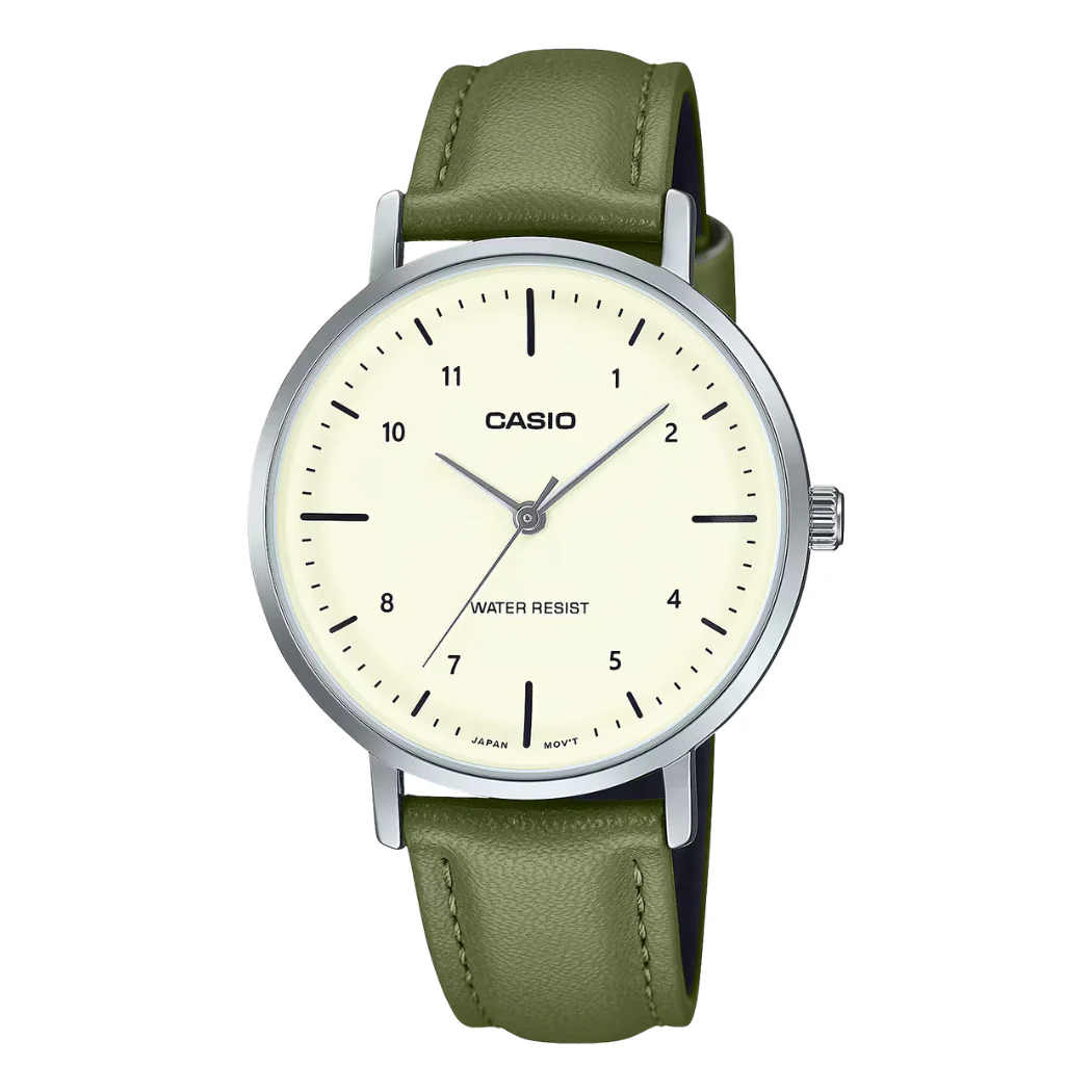 Casio Green Leather Strap Off White Dial Quartz Watch for Ladies - CASIO LTP-VT03L-3BDF