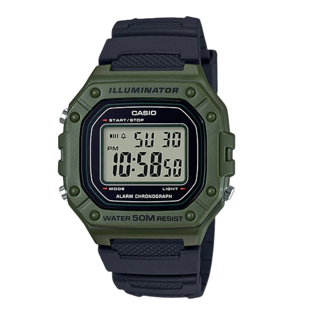 Casio Green Resin Strap Gray Digital Quartz Watch for Men – W-218H-3AVDF