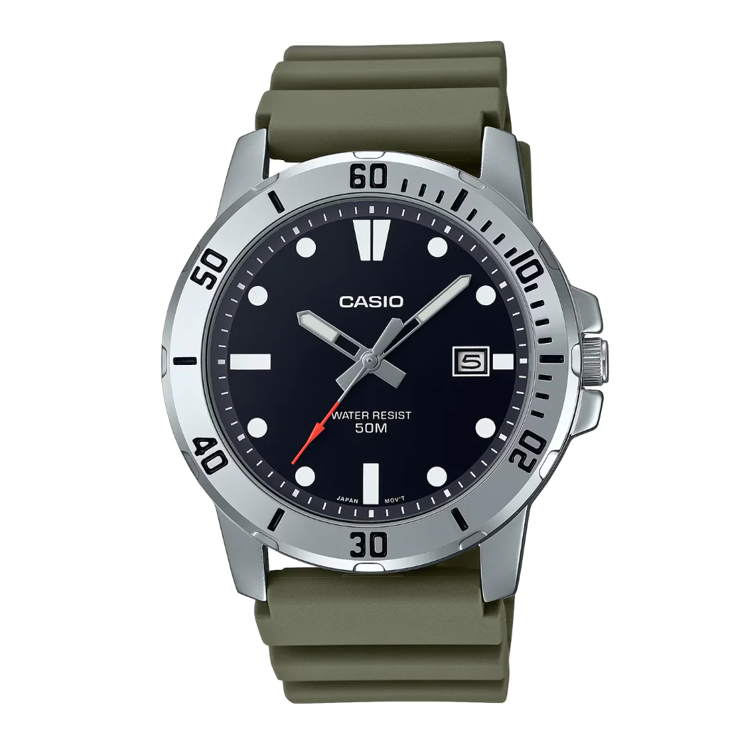 Casio Green Silicone Strap Black Dial Quartz Watch for Gents - CASIO MTP-VD01-3EVUDF