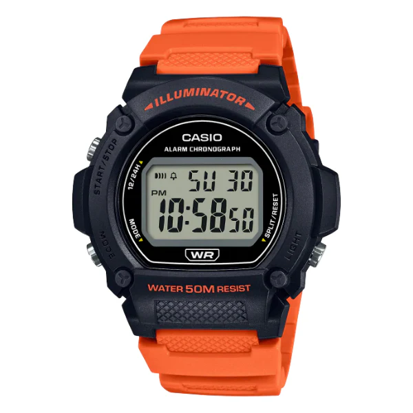 Casio Illuminator Orange Silicone Strap Black Dial Quartz Watch for Gents - CASIO W-219H-4AVDF