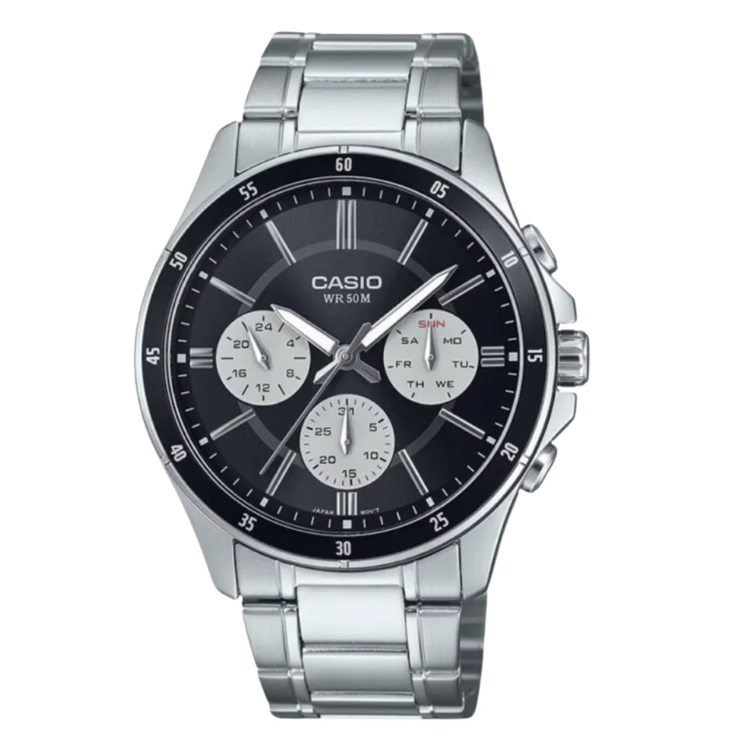 Casio - Silver Stainless - Black Dial - Quartz Watch For Men's – MTP-1374D-1A3VDF