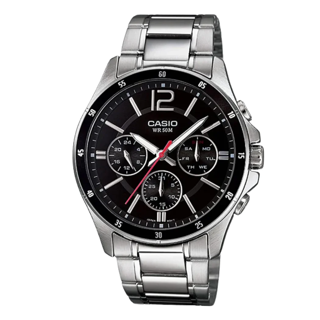 Casio Silver Stainless Steel Black Dial Chronograph Quartz Watch for Gents - MTP-1374D-1AVDF(AG)